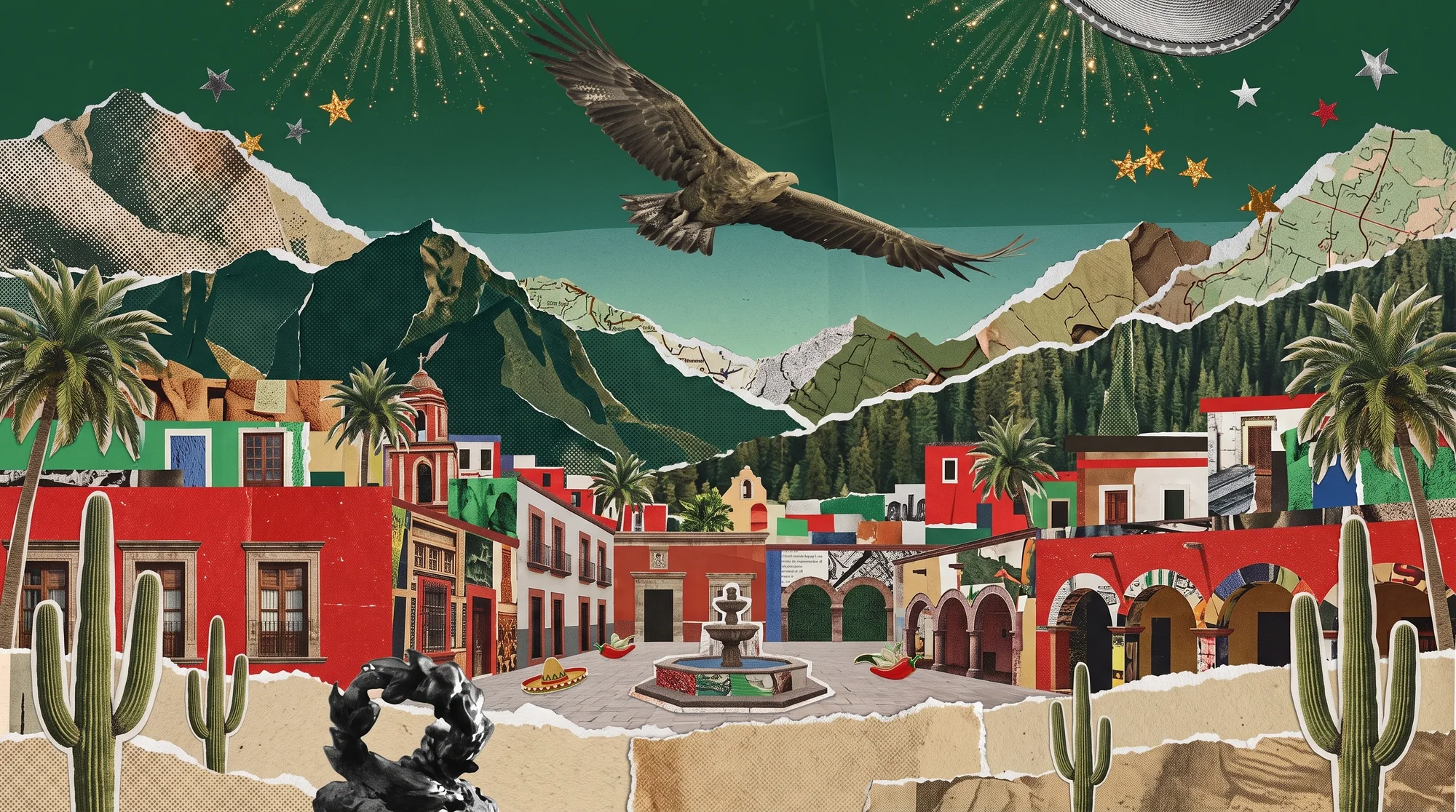 Collage de paisajes, arquitectura y símbolos de México
